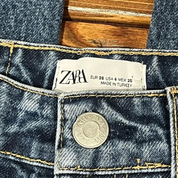 Zara Dark Blue Denim High Waist Wide Leg Jeans Pants Frayed Hem - Picture 3 of 8